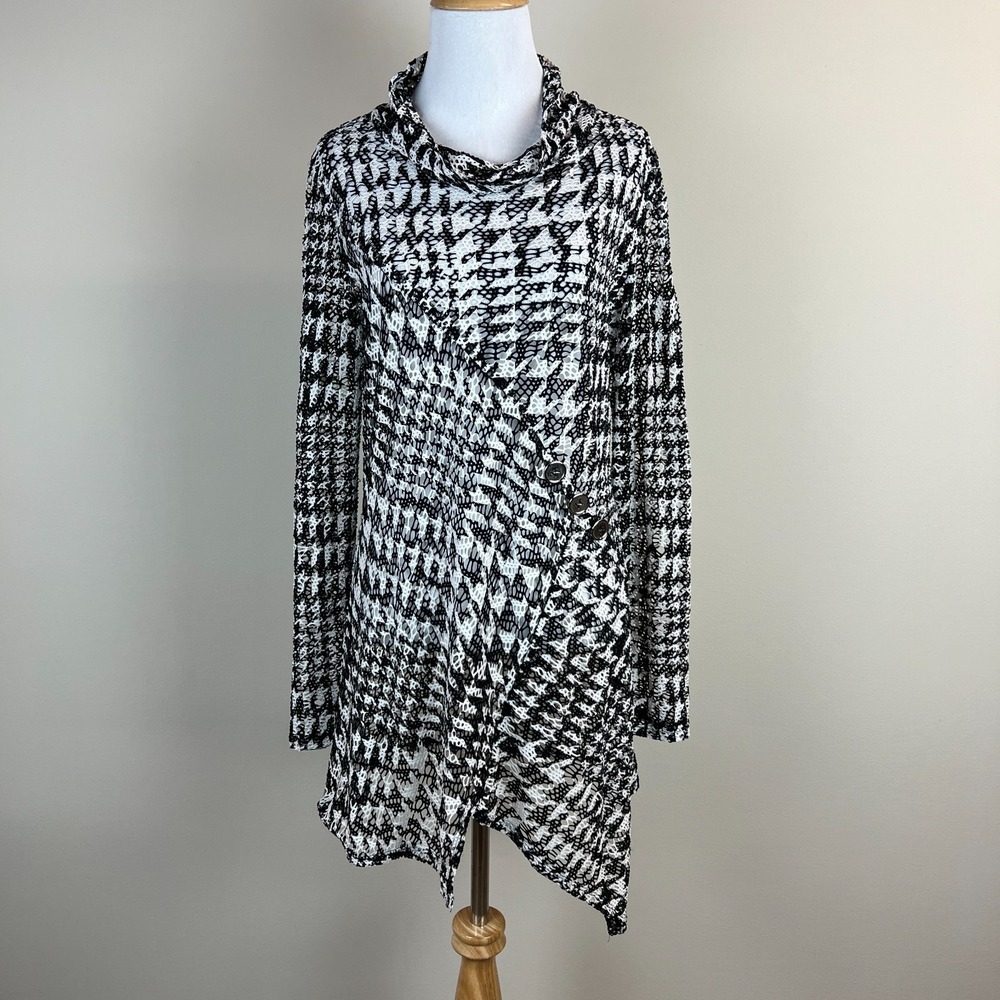 Frank Lyman Tunic Sweater Top Womens 8 Black Houndstooth Openโ Knit Cowl Neck